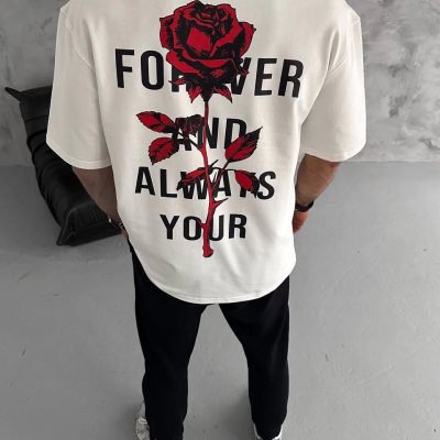 Bisiklet Yaka Baskılı Oversize T-Shirt - Beyaz -