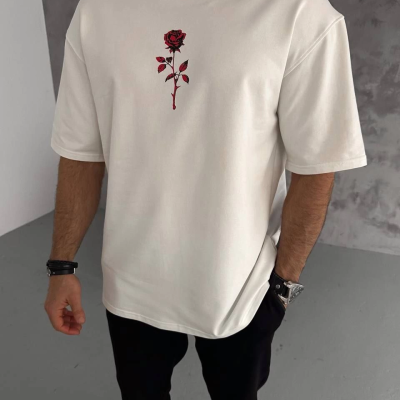 Bisiklet Yaka Baskılı Oversize T-Shirt - Beyaz -