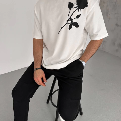 Bisiklet Yaka Baskılı Oversize T-Shirt - Beyaz -