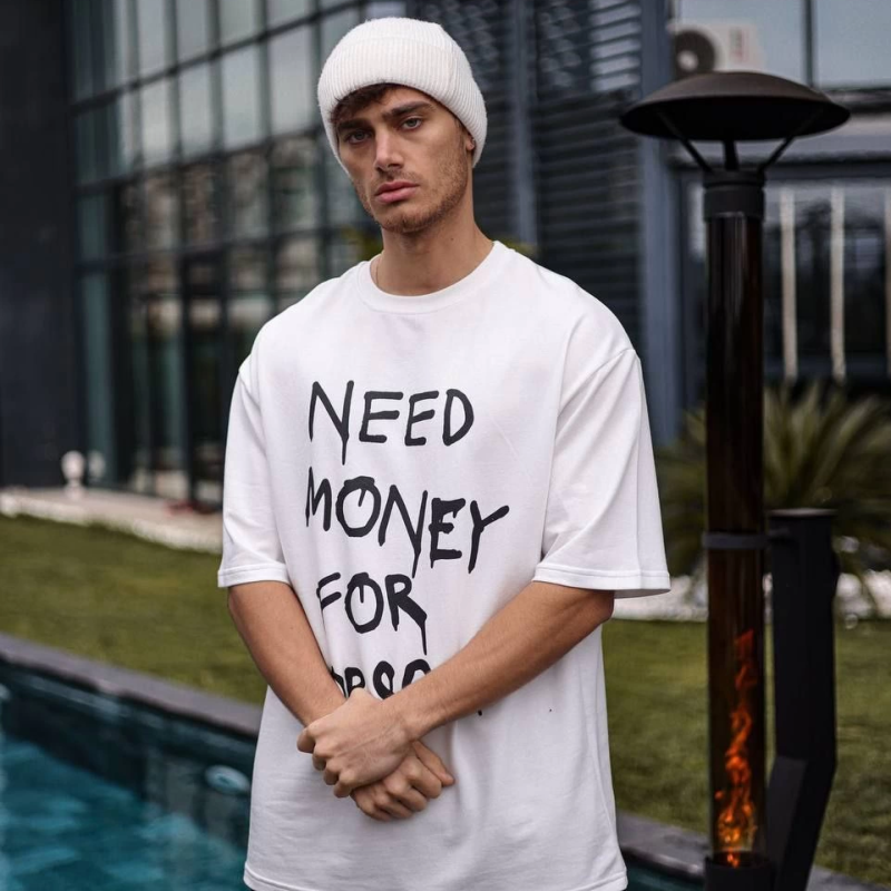 Bisiklet Yaka Baskılı Oversize T-Shirt - Beyaz