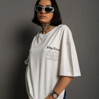 Bisiklet Yaka Baskılı Oversize T-Shirt - Beyaz -