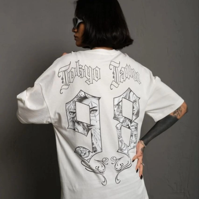 Bisiklet Yaka Baskılı Oversize T-Shirt - Beyaz -