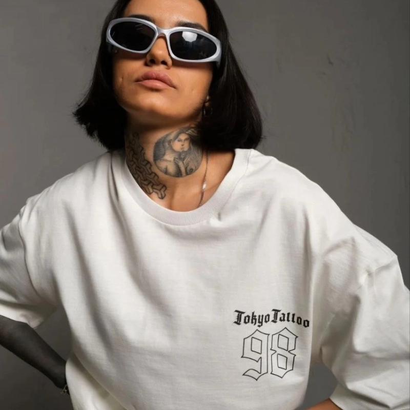 Bisiklet Yaka Baskılı Oversize T-Shirt - Beyaz -