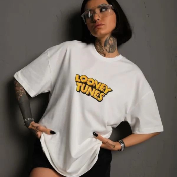 Bisiklet Yaka Baskılı Oversize T-Shirt - Beyaz -