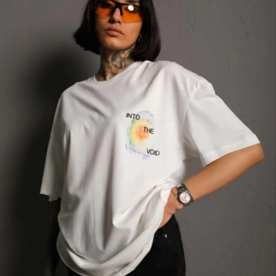 Bisiklet Yaka Baskılı Oversize T-Shirt - Beyaz -