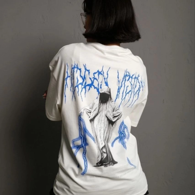 Bisiklet Yaka Baskılı Oversize T-Shirt - Beyaz -