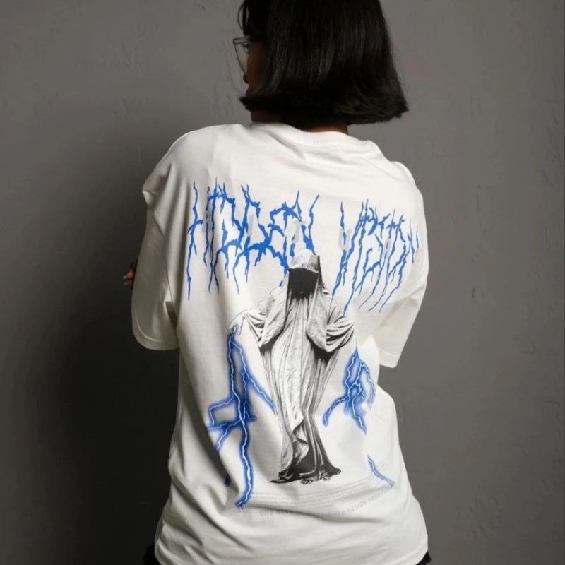 Bisiklet Yaka Baskılı Oversize T-Shirt - Beyaz -