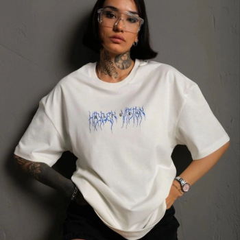 Bisiklet Yaka Baskılı Oversize T-Shirt - Beyaz -