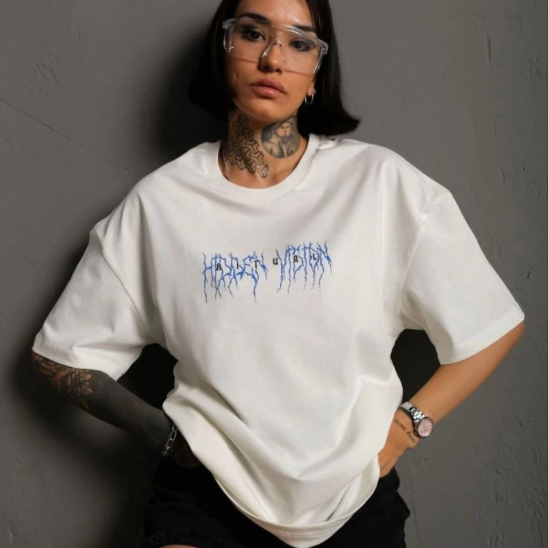 Bisiklet Yaka Baskılı Oversize T-Shirt - Beyaz -