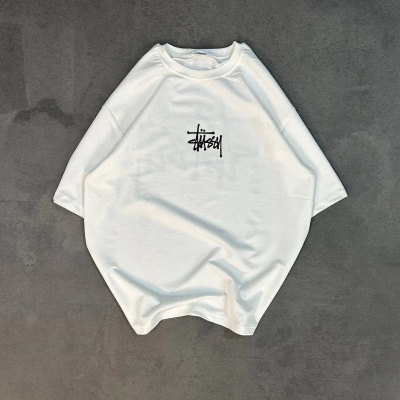 Bisiklet Yaka Baskılı Oversize T-Shirt - Beyaz -