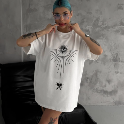 Bisiklet Yaka Baskılı Oversize T-Shirt - Beyaz