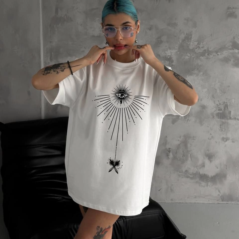 Bisiklet Yaka Baskılı Oversize T-Shirt - Beyaz