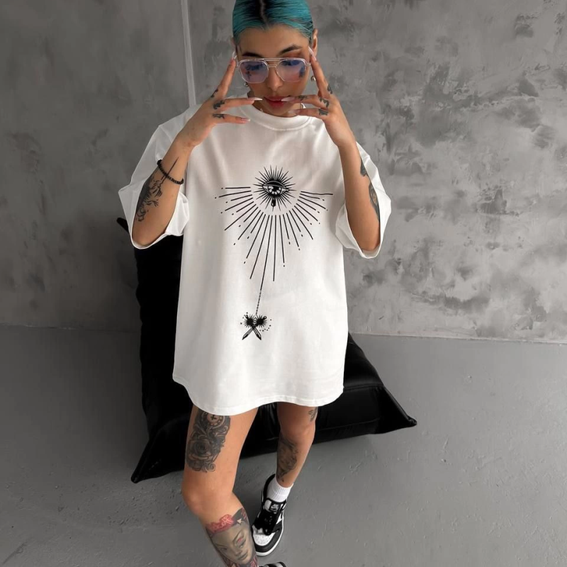 Bisiklet Yaka Baskılı Oversize T-Shirt - Beyaz