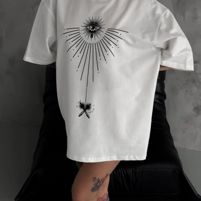 Bisiklet Yaka Baskılı Oversize T-Shirt - Beyaz