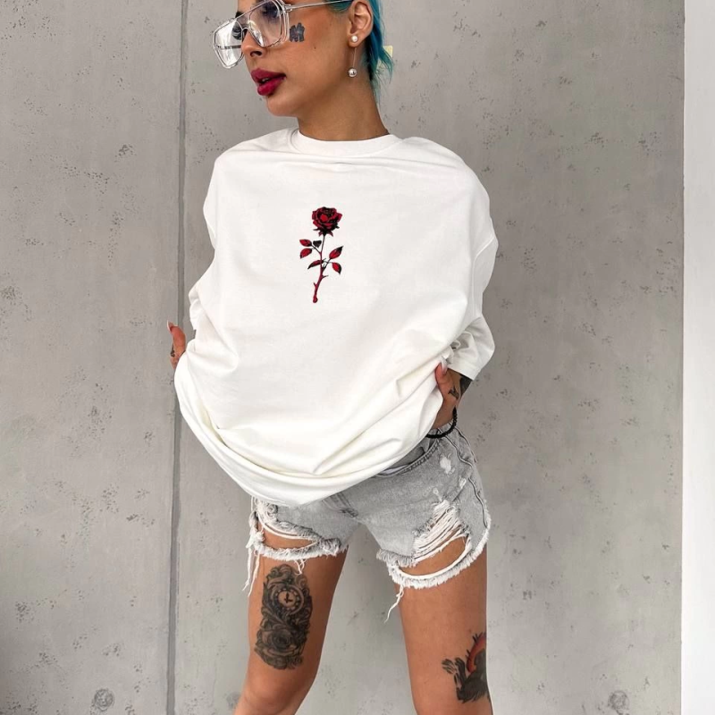 Bisiklet Yaka Baskılı Oversize T-Shirt - Beyaz -