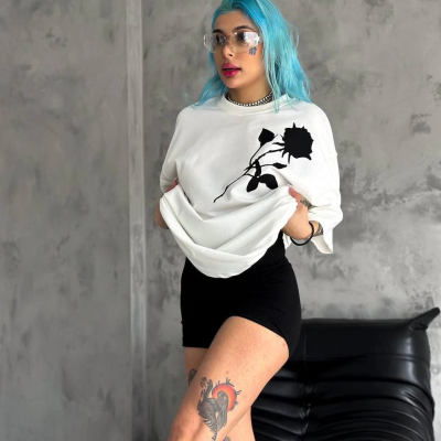 Bisiklet Yaka Baskılı Oversize T-Shirt - Beyaz -