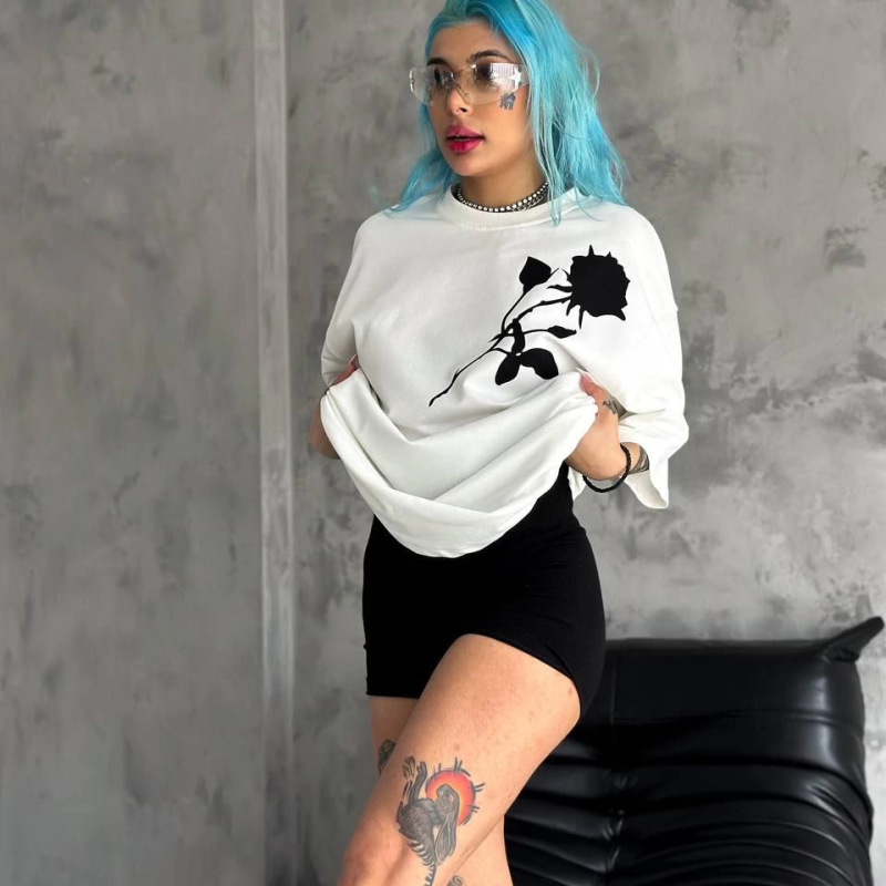 Bisiklet Yaka Baskılı Oversize T-Shirt - Beyaz -