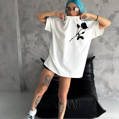 Bisiklet Yaka Baskılı Oversize T-Shirt - Beyaz -