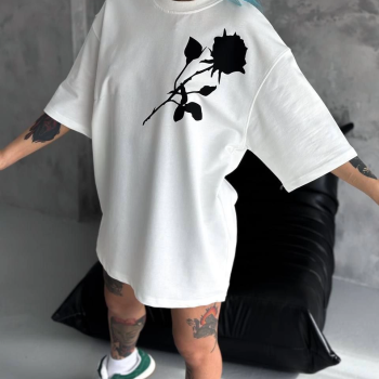 Bisiklet Yaka Baskılı Oversize T-Shirt - Beyaz -