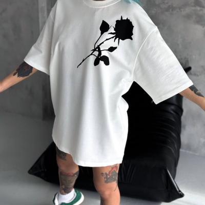 Bisiklet Yaka Baskılı Oversize T-Shirt - Beyaz -