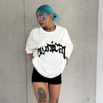 Bisiklet Yaka Baskılı Oversize T-Shirt - Beyaz -