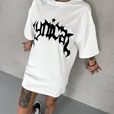 Bisiklet Yaka Baskılı Oversize T-Shirt - Beyaz -