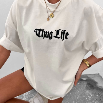 Bisiklet Yaka Baskılı Oversize T-Shirt - Beyaz -