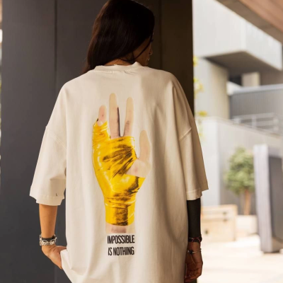 Bisiklet Yaka Baskılı Oversize T-Shirt - Beyaz -