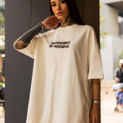 Bisiklet Yaka Baskılı Oversize T-Shirt - Beyaz -