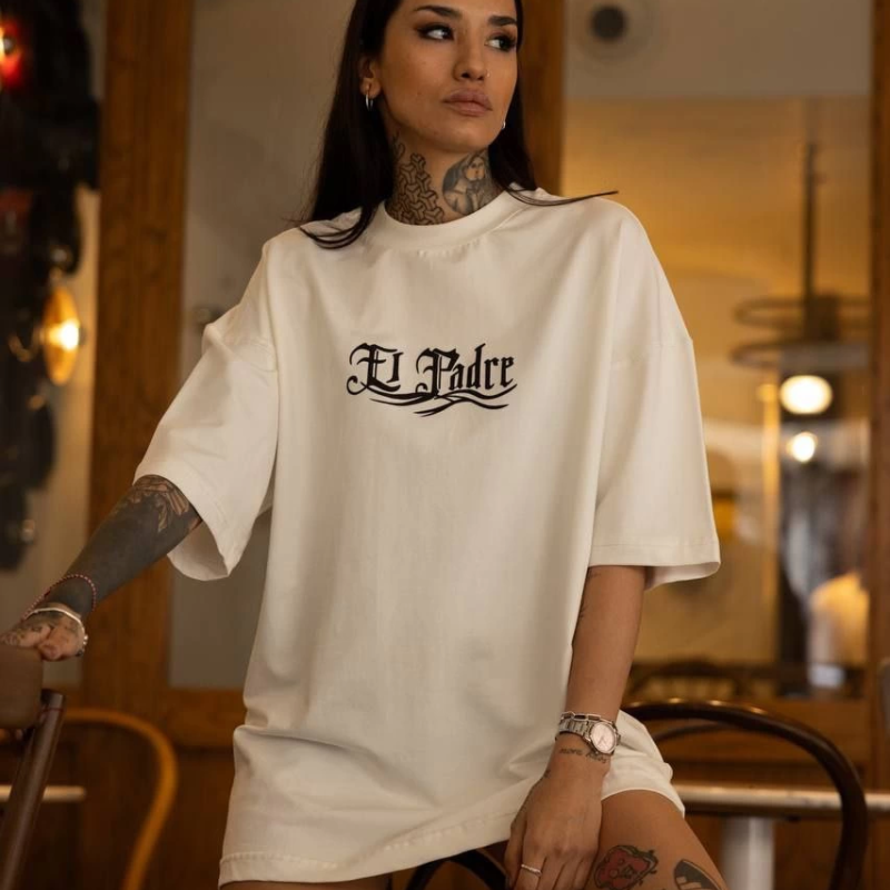 Bisiklet Yaka Baskılı Oversize T-Shirt - Beyaz -