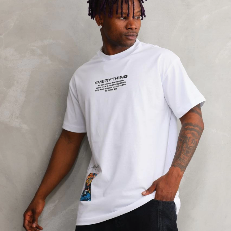 Bisiklet Yaka Baskılı Oversize T-Shirt - Beyaz -