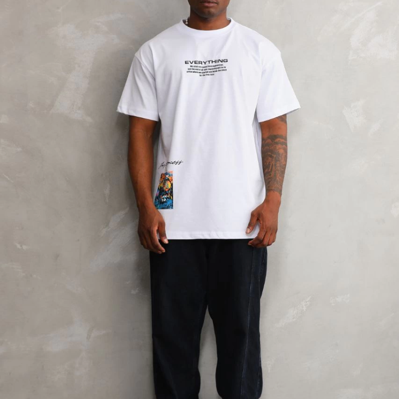 Bisiklet Yaka Baskılı Oversize T-Shirt - Beyaz -