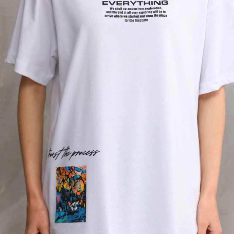 Bisiklet Yaka Baskılı Oversize T-Shirt - Beyaz -