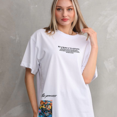 Bisiklet Yaka Baskılı Oversize T-Shirt - Beyaz -