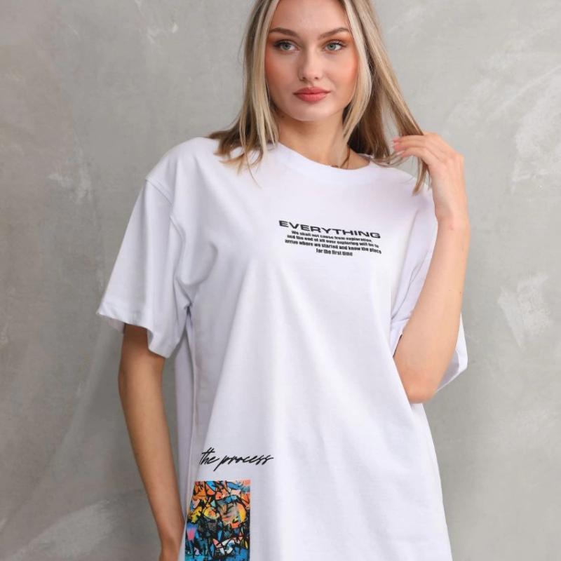 Bisiklet Yaka Baskılı Oversize T-Shirt - Beyaz -