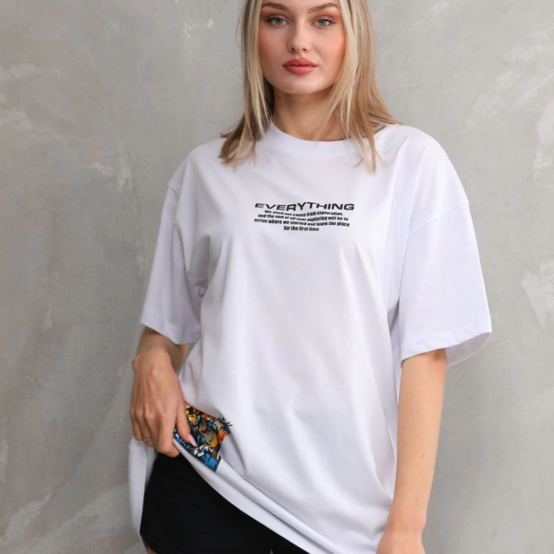 Bisiklet Yaka Baskılı Oversize T-Shirt - Beyaz -