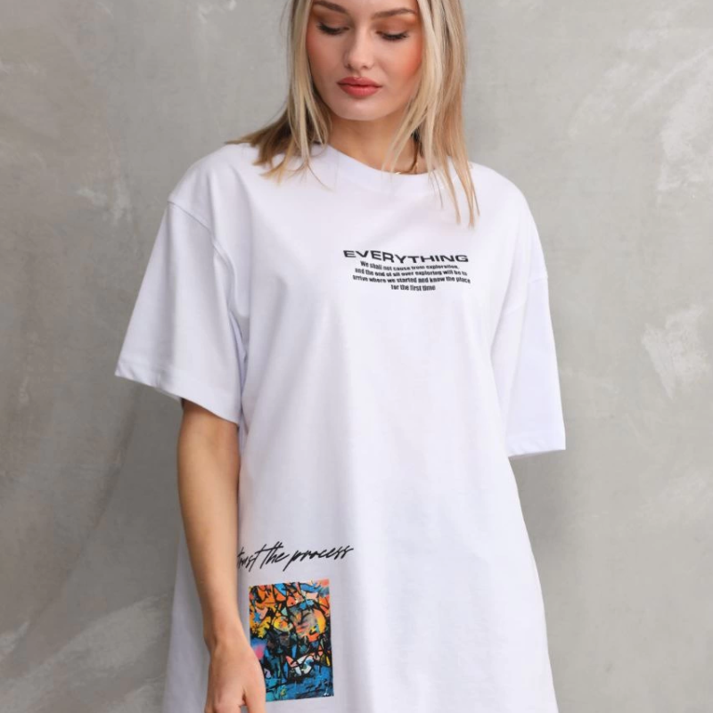 Bisiklet Yaka Baskılı Oversize T-Shirt - Beyaz -