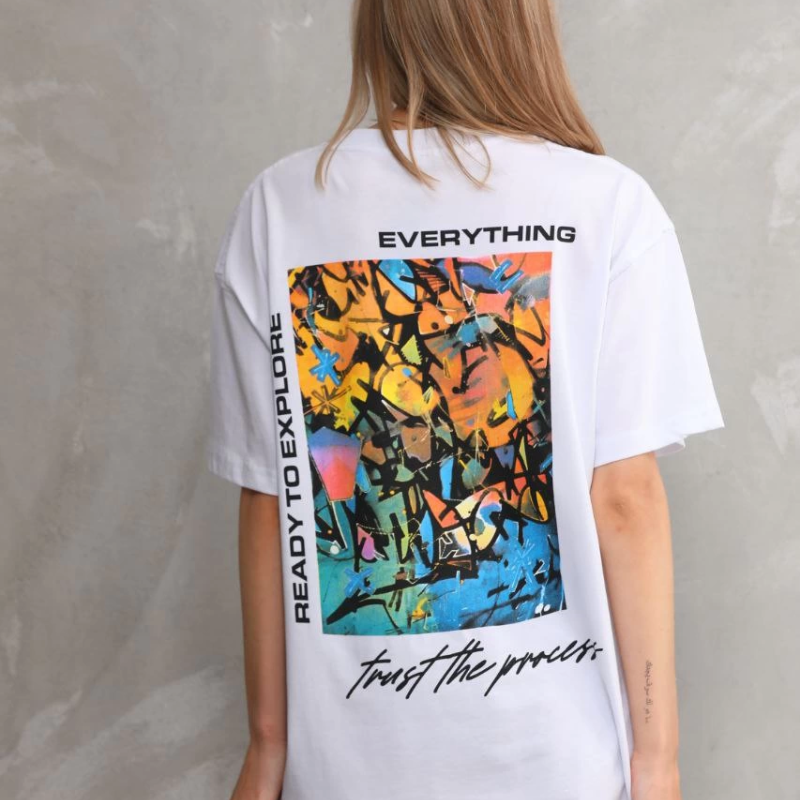 Bisiklet Yaka Baskılı Oversize T-Shirt - Beyaz -