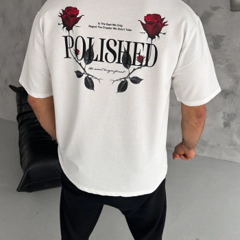 Bisiklet Yaka Baskılı Oversize T-Shirt - Beyaz