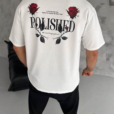 Bisiklet Yaka Baskılı Oversize T-Shirt - Beyaz