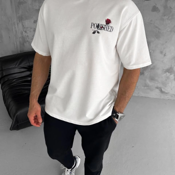 Bisiklet Yaka Baskılı Oversize T-Shirt - Beyaz