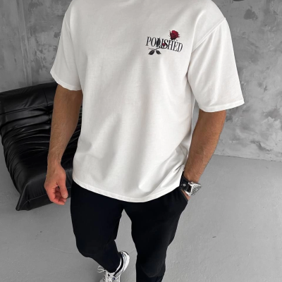 Bisiklet Yaka Baskılı Oversize T-Shirt - Beyaz