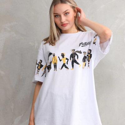 Bisiklet Yaka Baskılı Oversize T-Shirt - Beyaz -