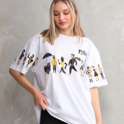 Bisiklet Yaka Baskılı Oversize T-Shirt - Beyaz -