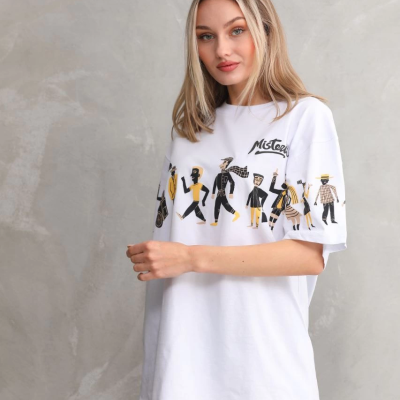 Bisiklet Yaka Baskılı Oversize T-Shirt - Beyaz -