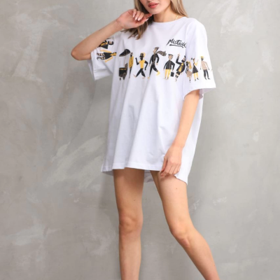 Bisiklet Yaka Baskılı Oversize T-Shirt - Beyaz -