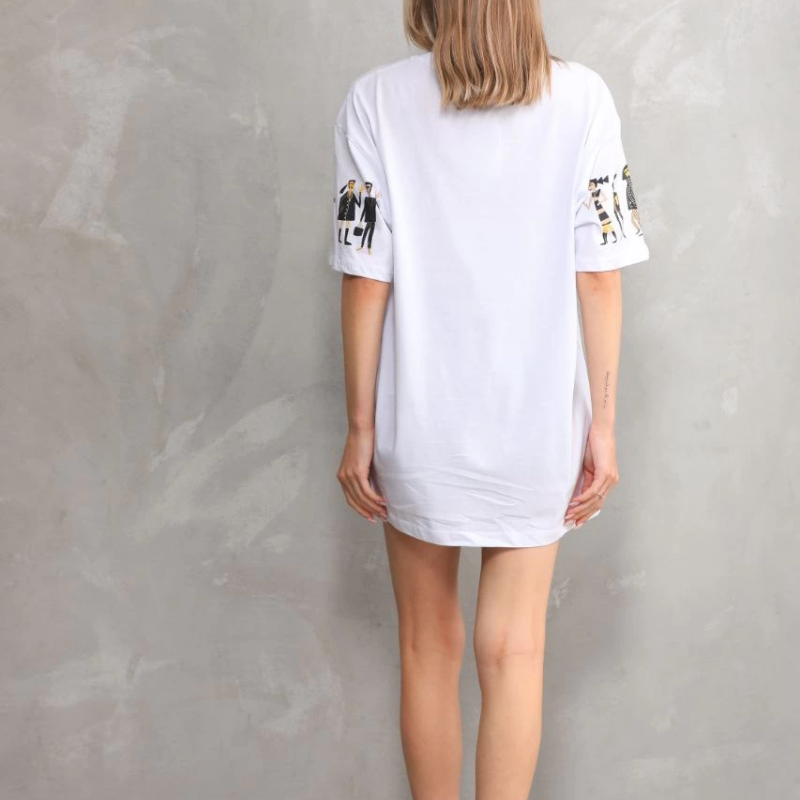 Bisiklet Yaka Baskılı Oversize T-Shirt - Beyaz -