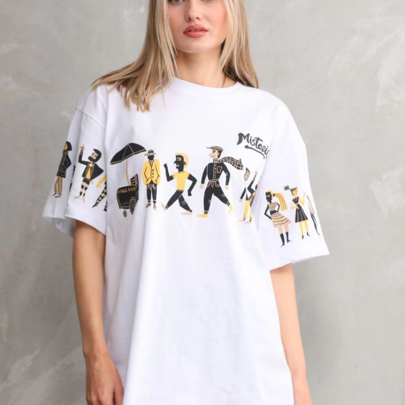 Bisiklet Yaka Baskılı Oversize T-Shirt - Beyaz -