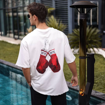 Bisiklet Yaka Baskılı Oversize T-Shirt - Beyaz -