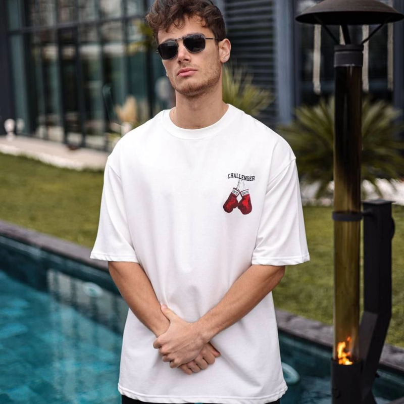 Bisiklet Yaka Baskılı Oversize T-Shirt - Beyaz -